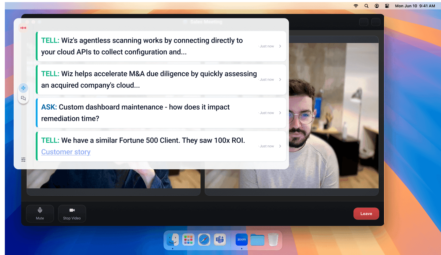 Commit in-call UI showing real-time TELL and ASK tips