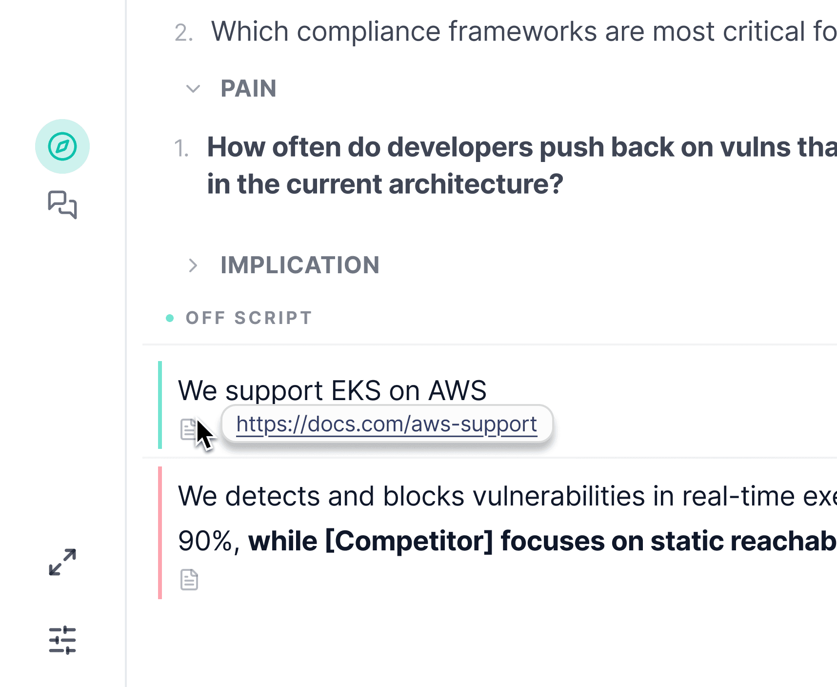 Product Insights panel with a product answer, source document link highlighted at the bottom